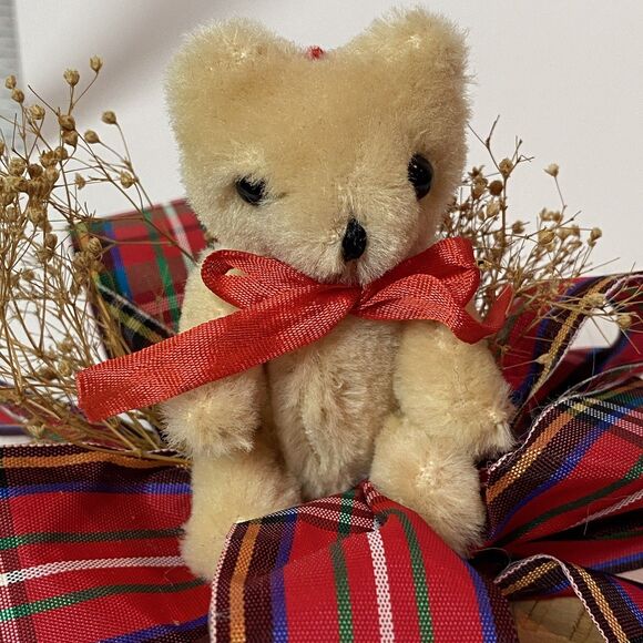 Vintage Handmade Teddy Bear Plush Jointed Tartan Bow Clip-On Christmas Ornament - Picture 2 of 6